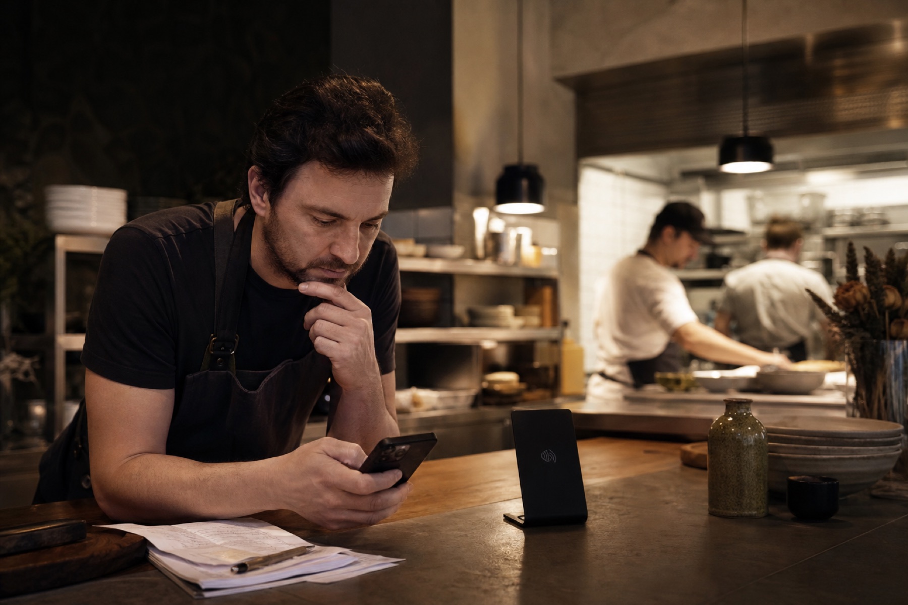 An independent restaurant owner reviewing customer feedback after service