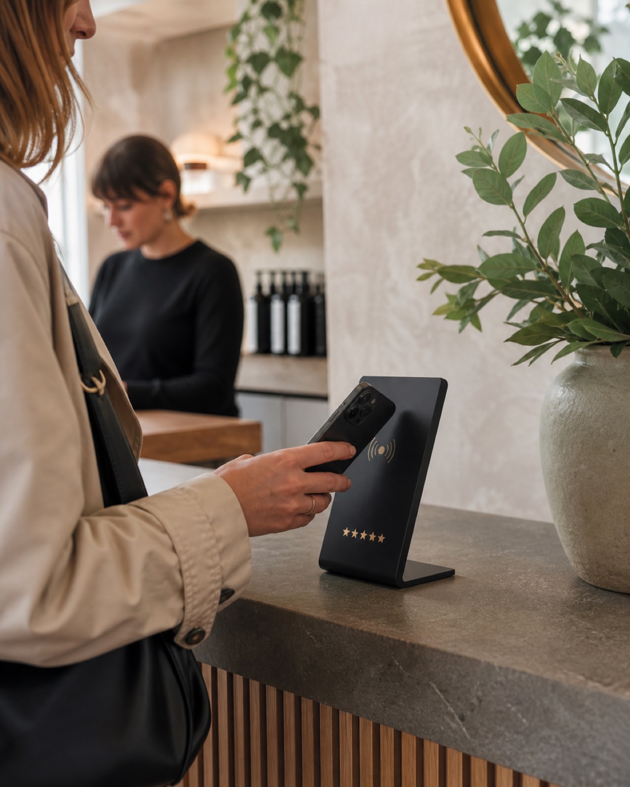 A customer tapping a phone against an NFC review stand at a local salon reception